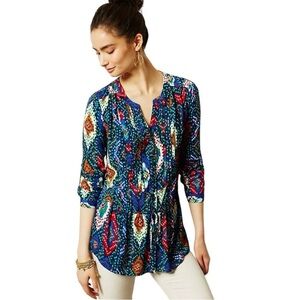 Maeve Anthropologie Topoxte Geometric Ikat Button Front Blouse Shirt Sz 0P Blue